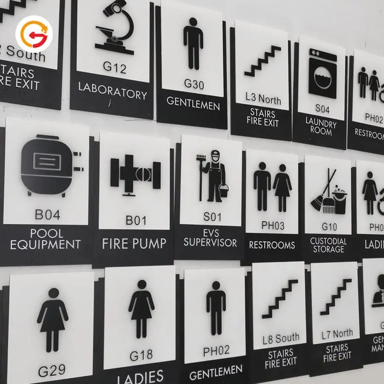 Toiletten-Piktogrammschilder entlang einer Flurwand