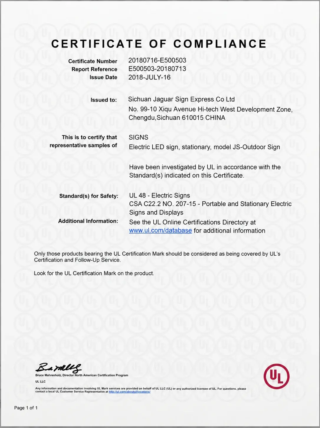 Zertifikat UL Certificate of Compliance — Elektrische Schilder