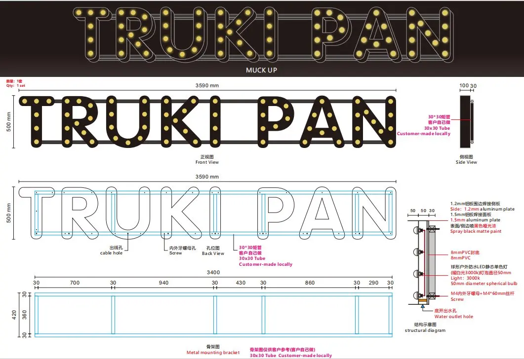 Truki Pan, lettres lumineuses géantes — plan de conception